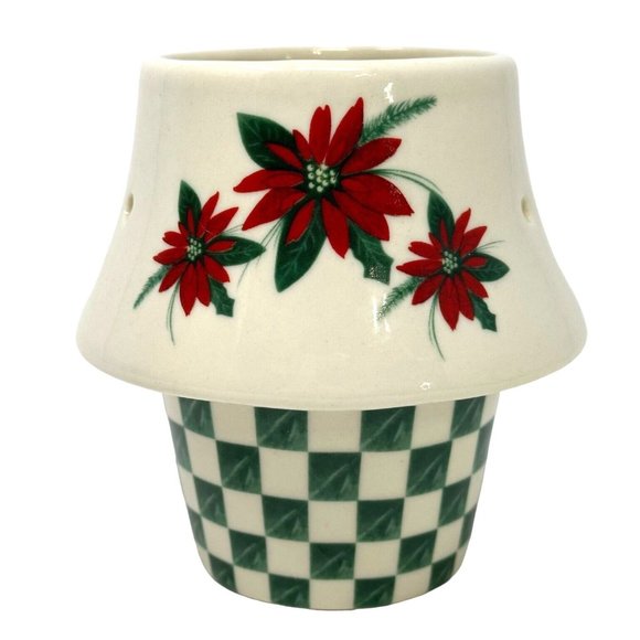 Ceramic Tea Light Candle Holder Poinsettia Christmas Decor Green White Red 4.5" - Picture 5 of 8